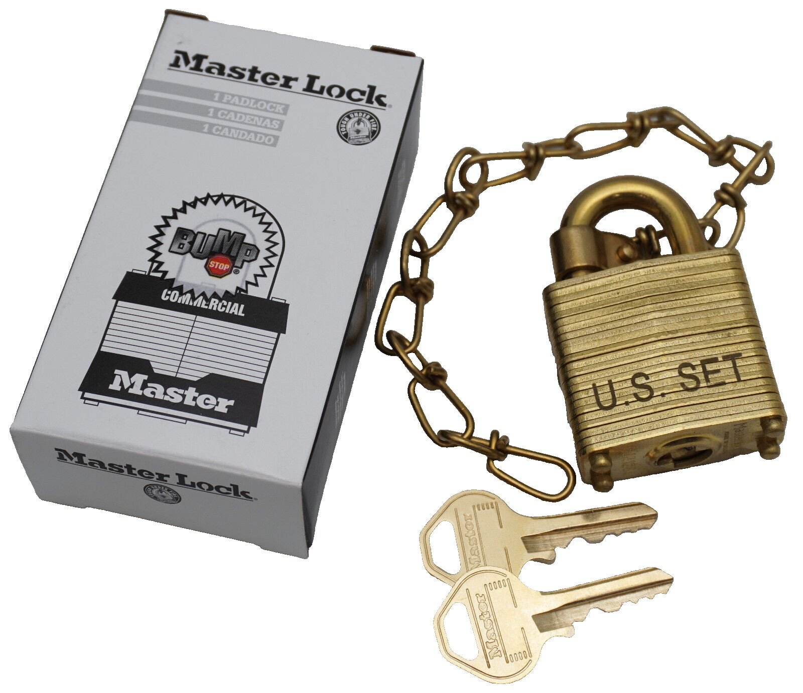 Master Lock DG Commercial Brass  Bump Stop Military Padlock w/Chain