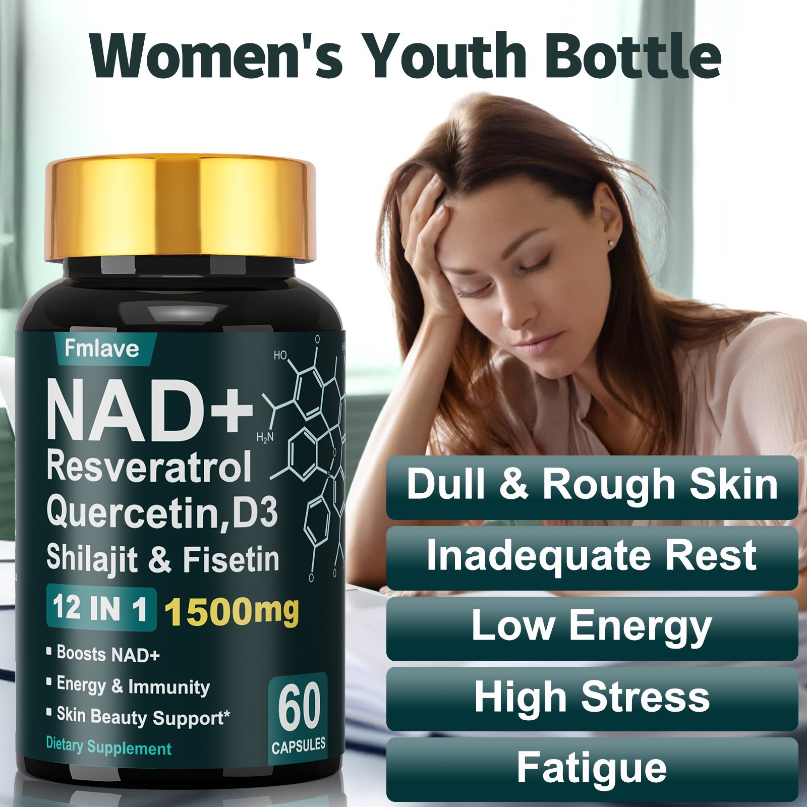 NAD+ Supplement for Anti-Aging Energy Focus & Nicotinamide Riboside Resveratrol