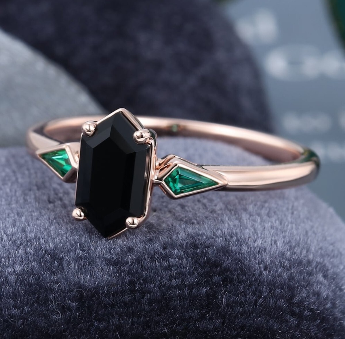 925 silver, emerald, black onyx ring, hexagon cut, statement ring, vintage ring