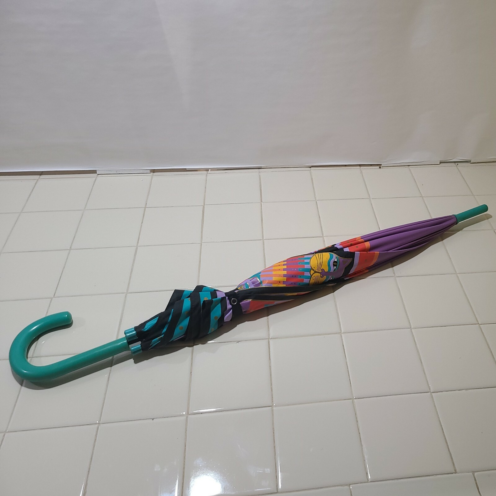 Vintage Laurel Burch Stick Cane Umbrella Rainbow Cat Cousins Auto Open Canopy!!