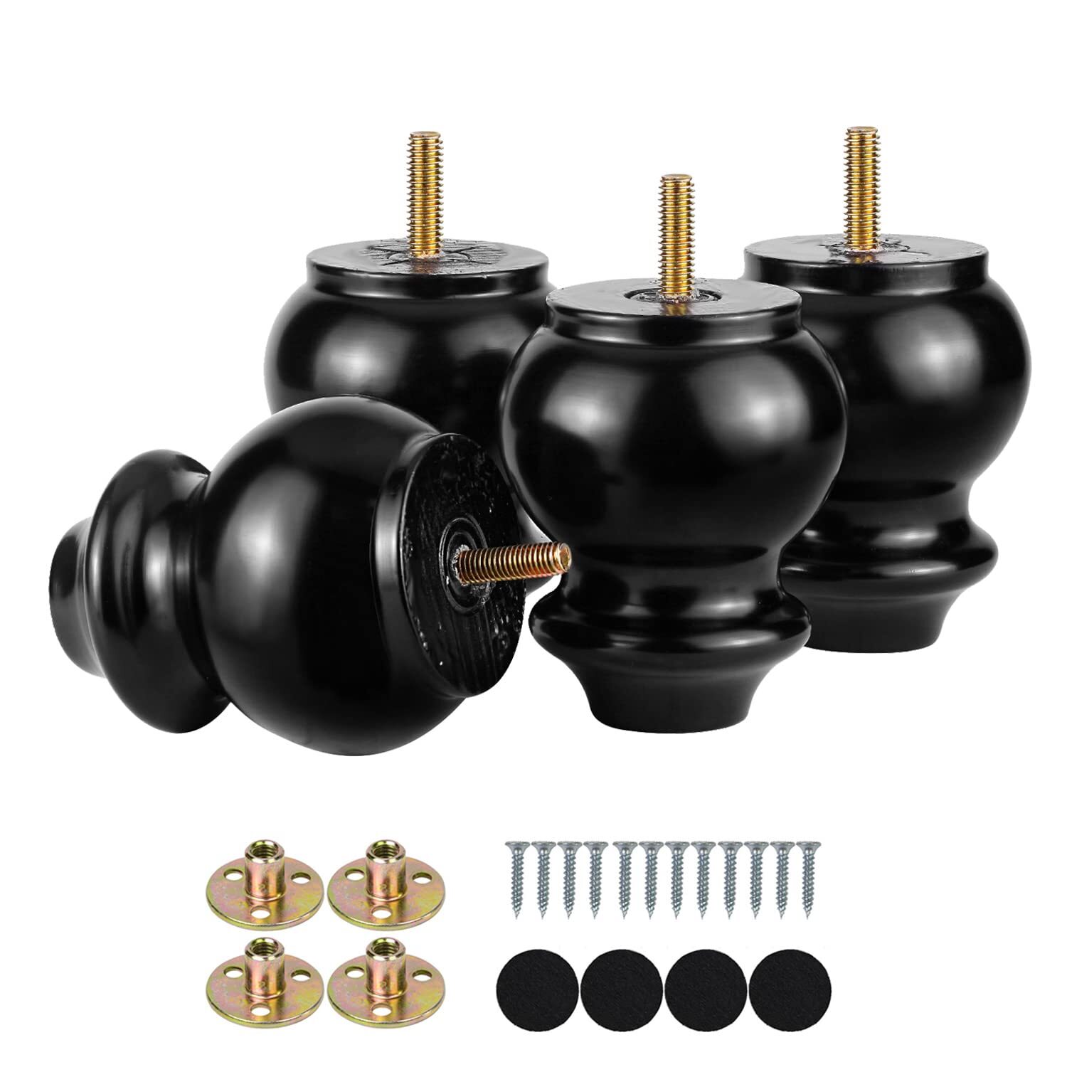 4-Pack 4-inch Black Wood Bun Feet Replacement Furniture Legs for Sofa Couch