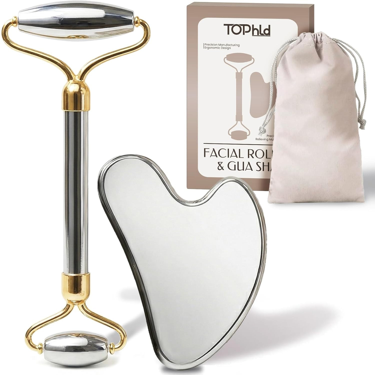 Stainless Steel Face Roller & Gua Sha Set Unbreakable Metal Facial Massager 2pc