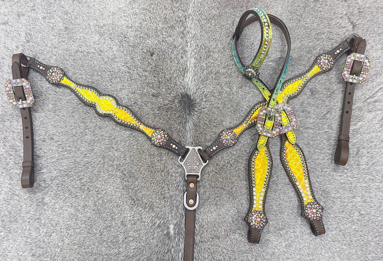 Genuine Leather Western Headstall Breast Collar tack Set for Horse Decorated