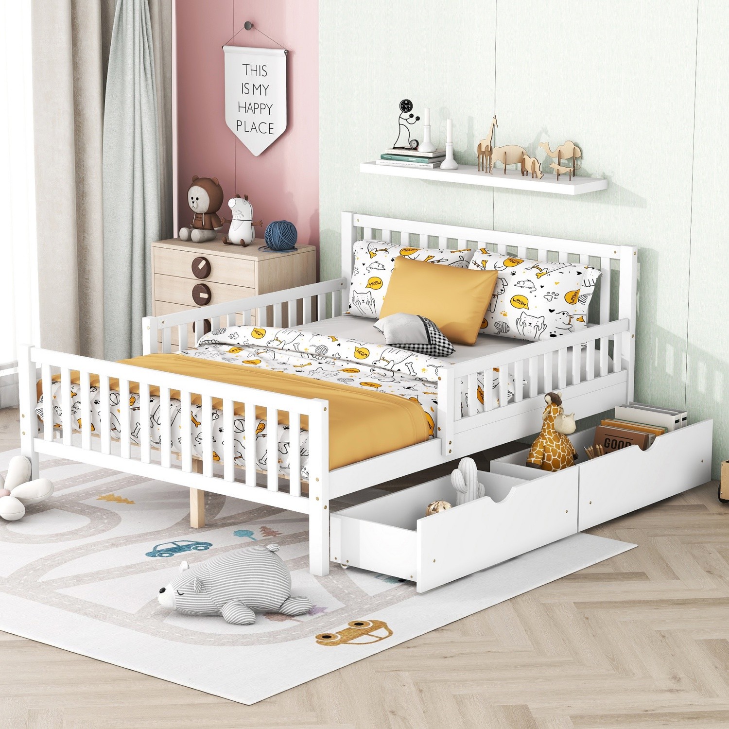 Full Size Wood Platform Bed Frame w/ 2 Drawers and Guardrails White/Pink/Gray
