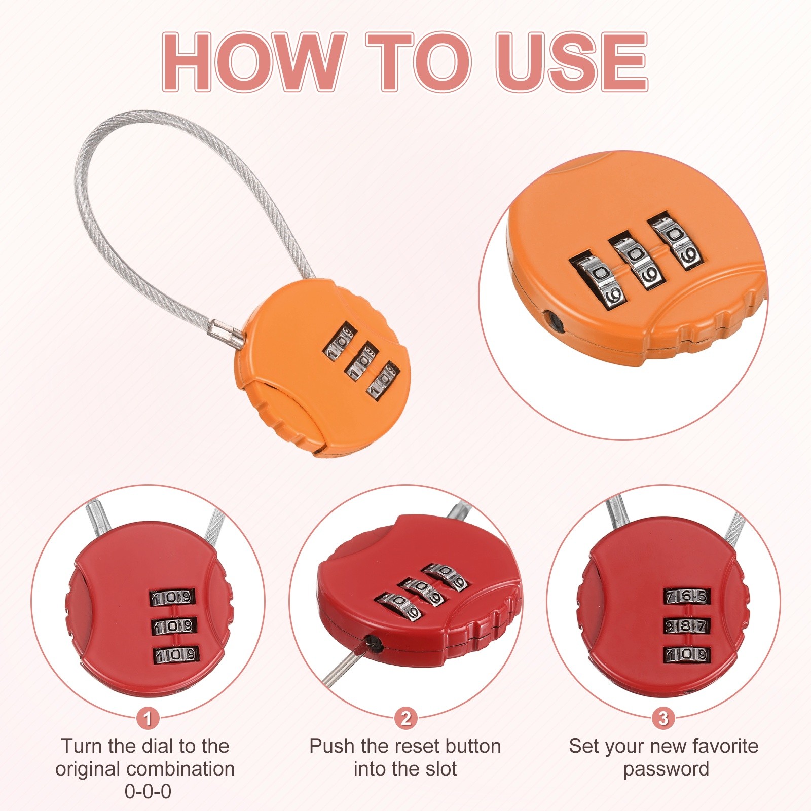 3-Pack Combination Locker Lock, 3 Digit Padlock for Gym/Luggage [Orange]