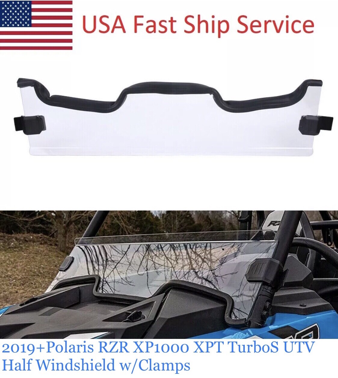 2019 + Polaris RZR XP1000 XPT TurboS UTV Half WINDSHIELD w/ Clamps