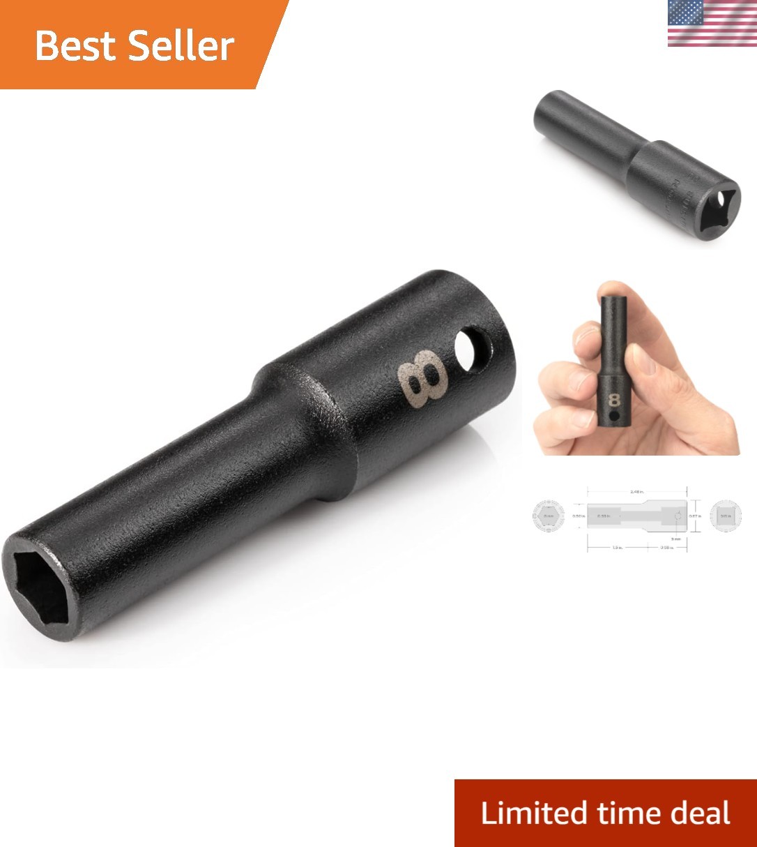 3/8 Inch Drive Impact Socket 8 mm Deep 6-Point Design for Professionals