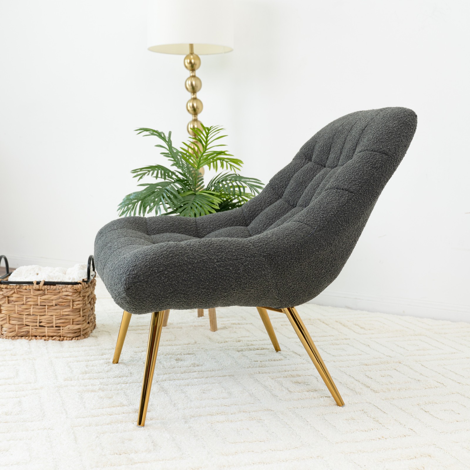 French Boucle Lounge Chair, Upholstered Wingback Accent Chair for Living Room