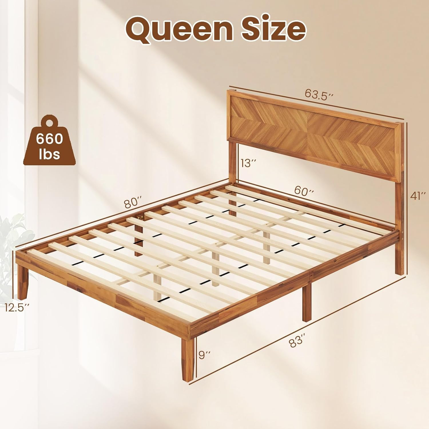 Wood Queen Bed Frame with Headboard, Solid Acacia Wood Platform Bed with 12 Stro