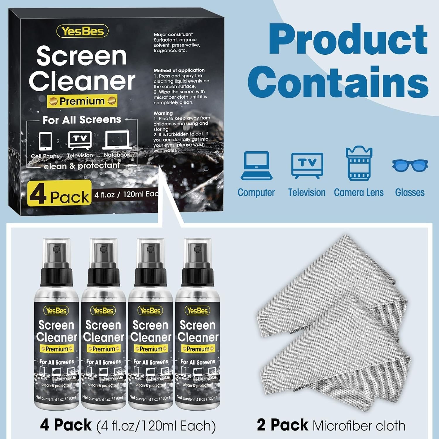 Screen Cleaner Spray 16Oz (4Oz X 4 Pack) - TV & Computer Screen Cleaner with