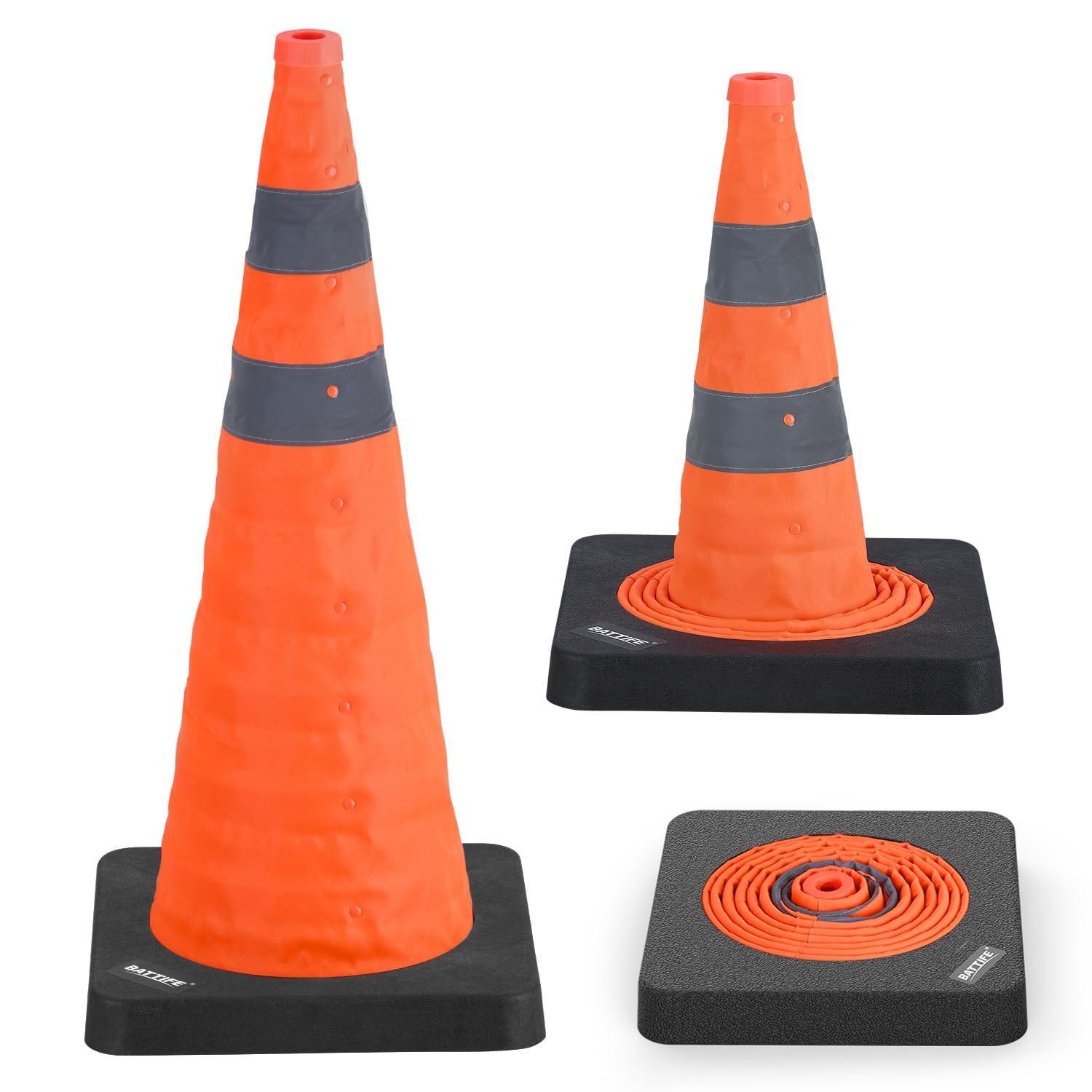 BATTIFE [1 Pack] 28 Inch Collapsible Traffic Safety Orange Cones with Black W...