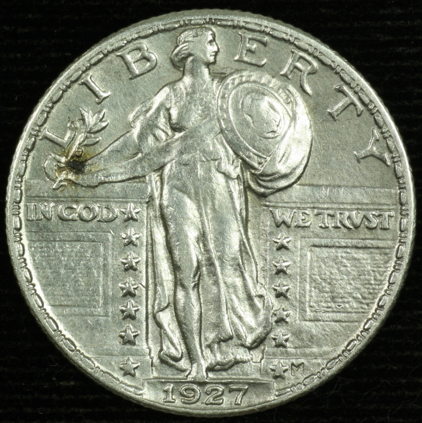 Standing Liberty Silver Quarter. 1927 P. About Uncirculated. Lot # 9049-48-415