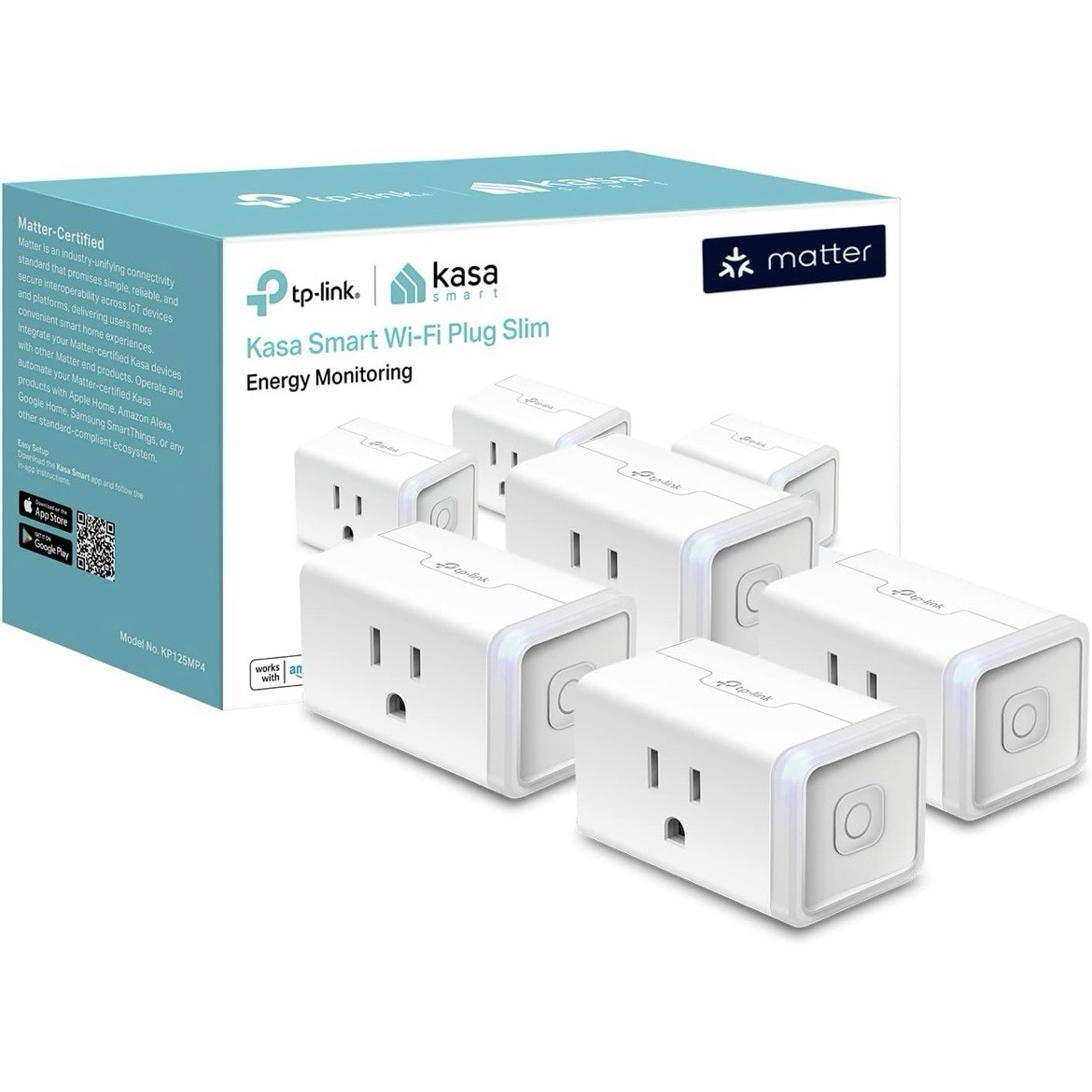 Kasa Smart Plug Matter Compatible Energy Monitoring Compact Design 4-Pack 15A