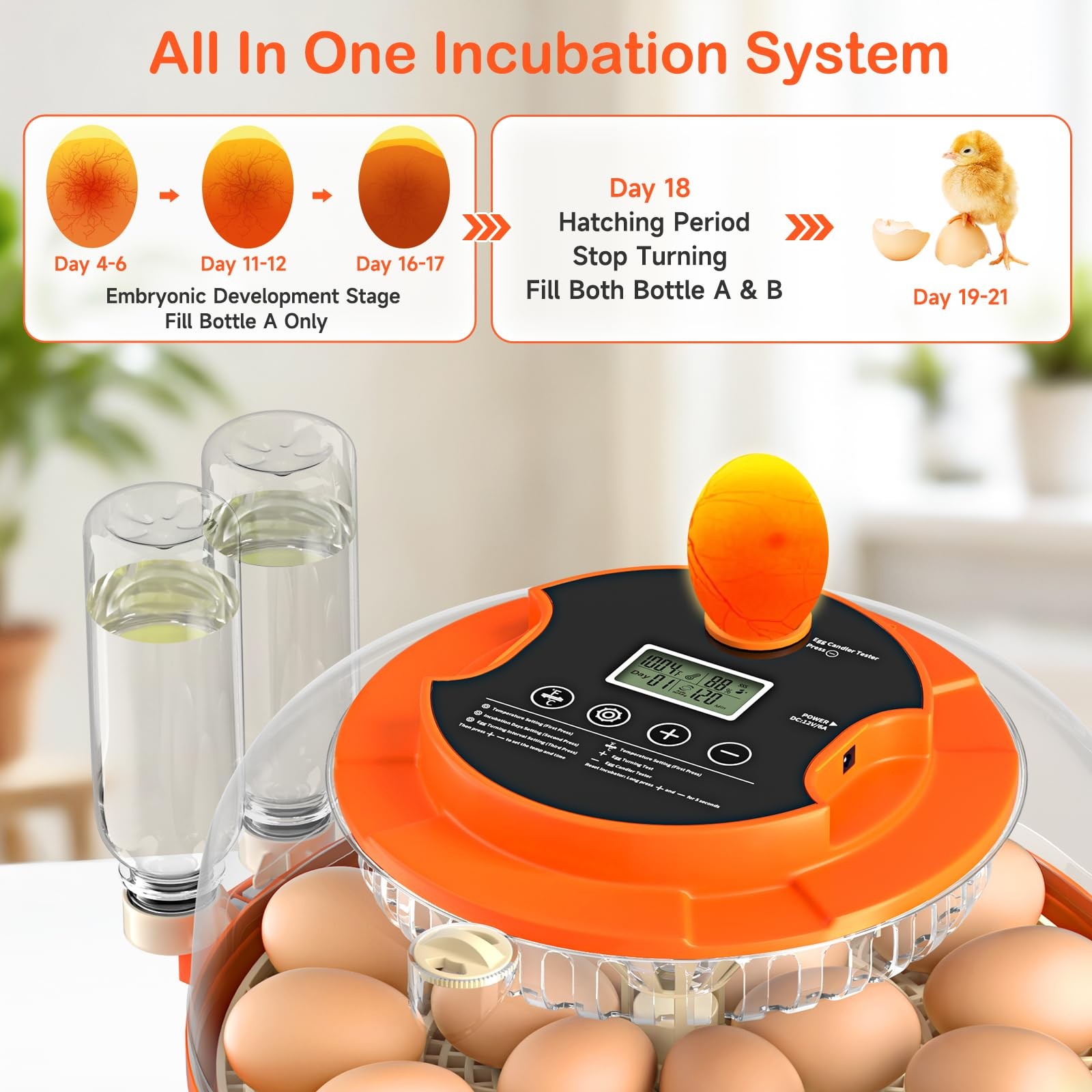 18 Egg Incubators for Hatching Eggs, Automatic Turning and 18H, Orange