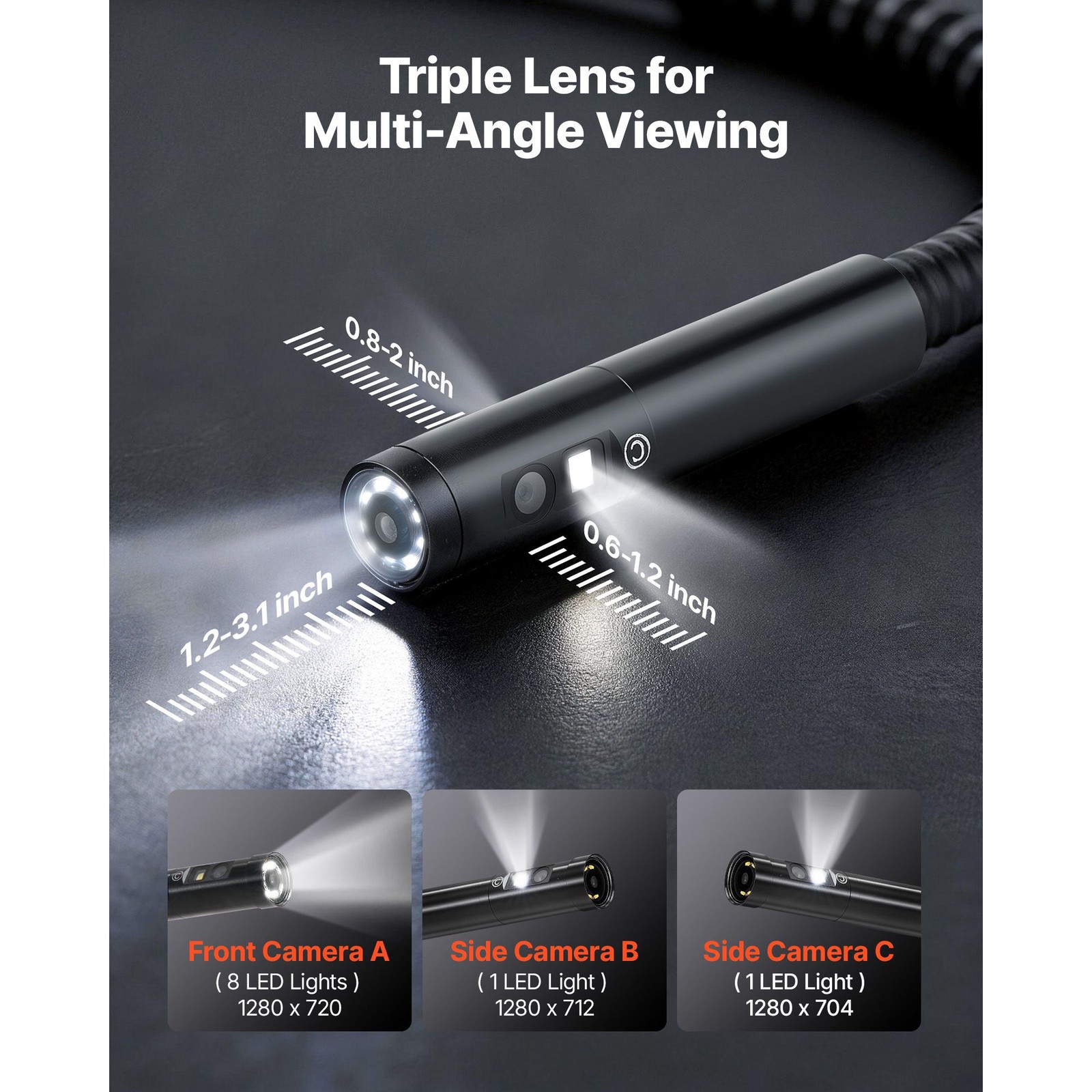 Dual-Cable Borescope: 7\" IPS, Triple Camera, 8X Zoom, IP67, 5hr Battery