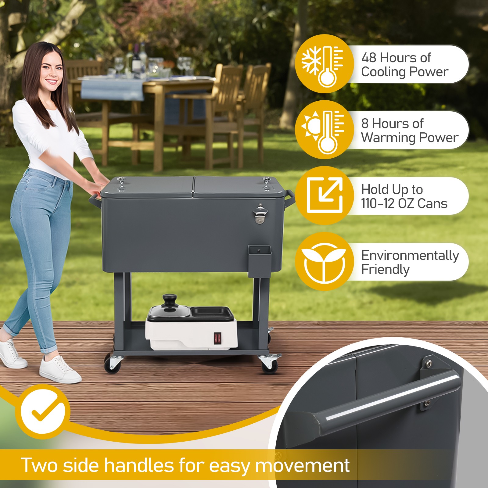 80QT Rectangular Plastic Box, Iron Foot Tube Insulation Cart, Dark Grey