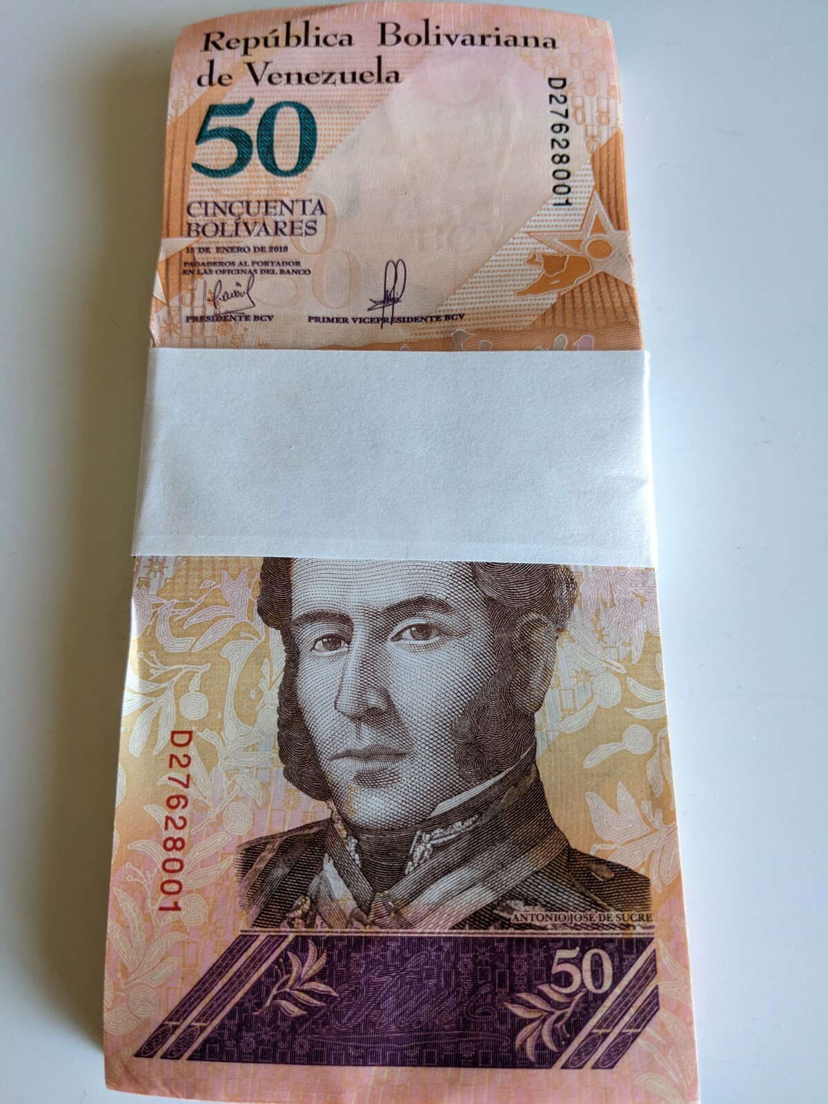 Venezuela 50 Bolivar Soberano Banknote, 2018, D - Prefix, UNC 100 Full Bundle