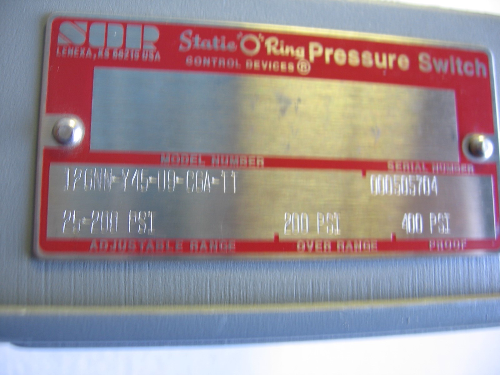 SOR Control Devices Static "O" Ring Pressure Switch 126NN-Y45-U9-C6A-TT