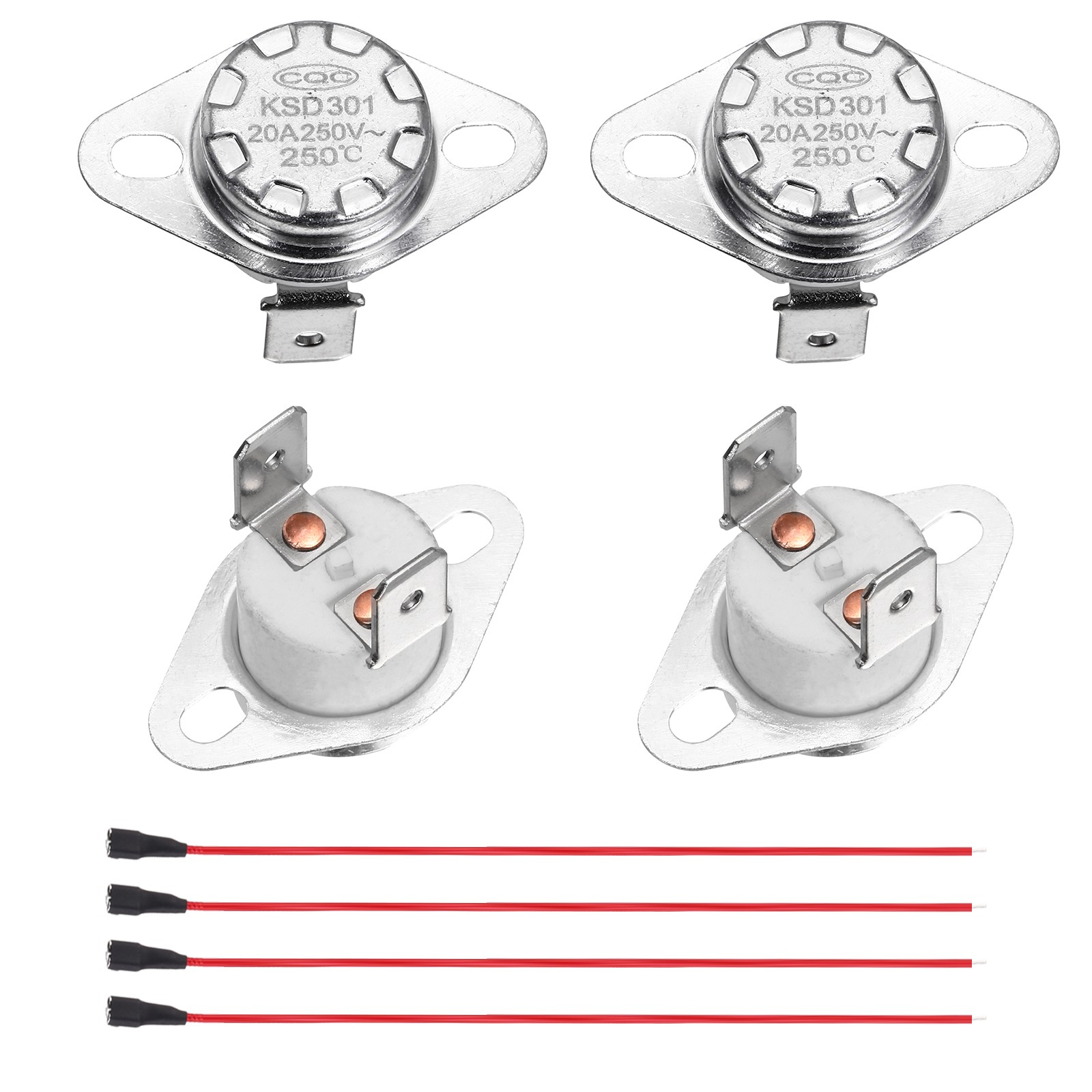 2 Pcs KSD301 Thermostat 250°C/482°F 20A NC Snap Disc Temperature Switch Wire