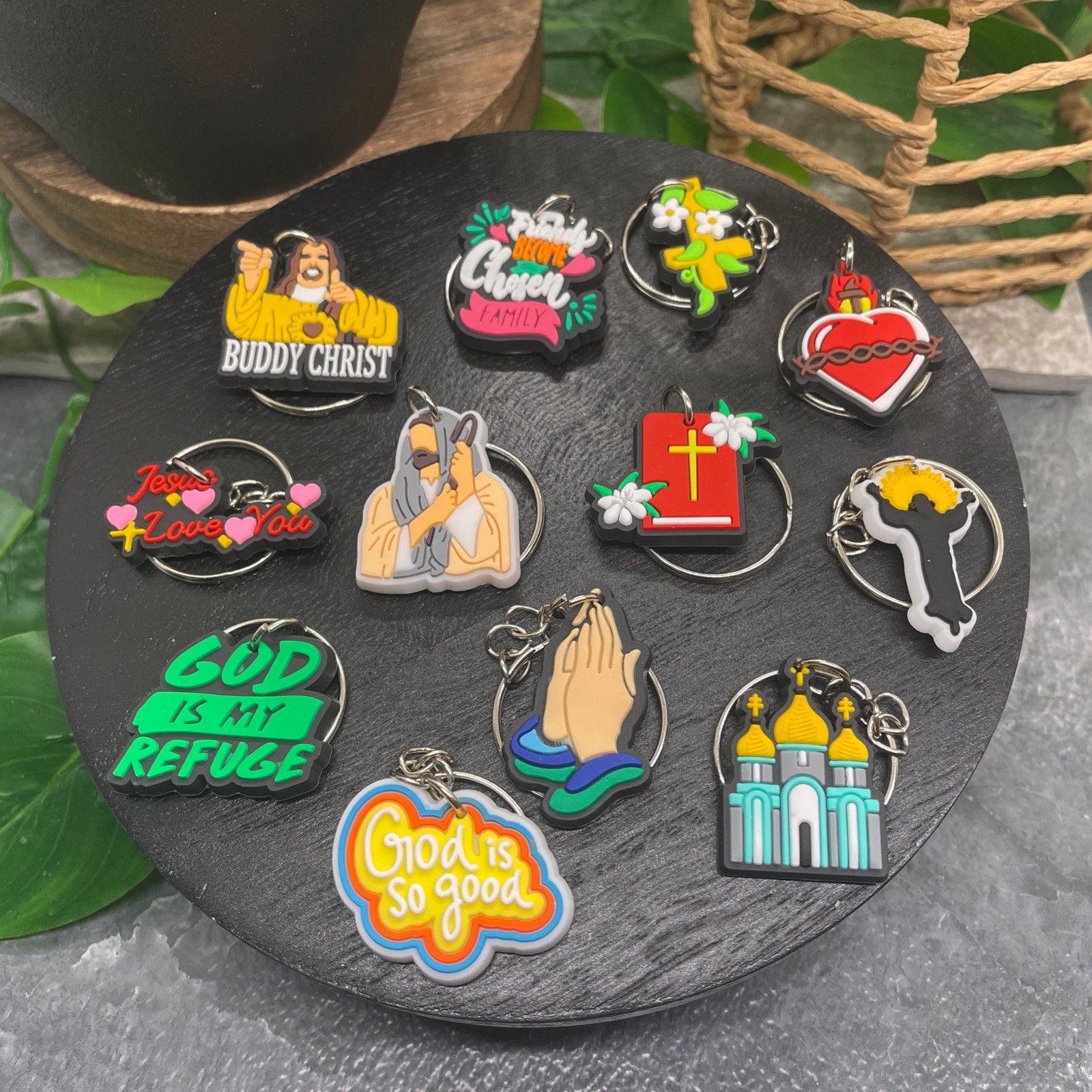 12 PC Religious Tumbler Charm Novelty Party Favor PCV 2.5” Keychain Set New B632