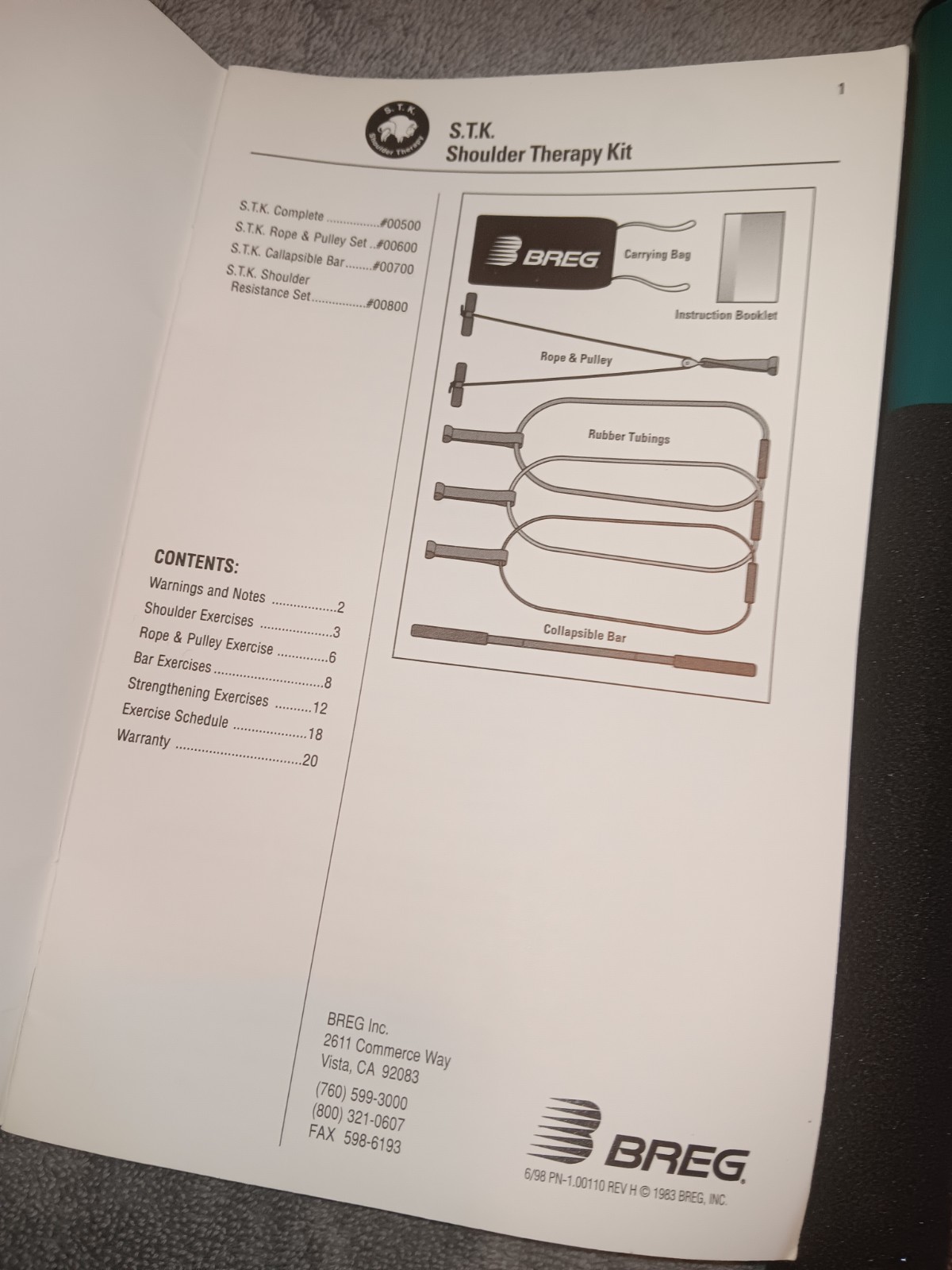 Breg Shoulder Exercise Kit with Instructions Missing Bar LH005G