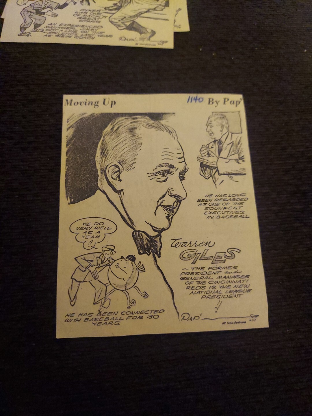 Warren Giles Reds GM   Baseball  Comic Sport Drawing Newspaper Clipping By Pap