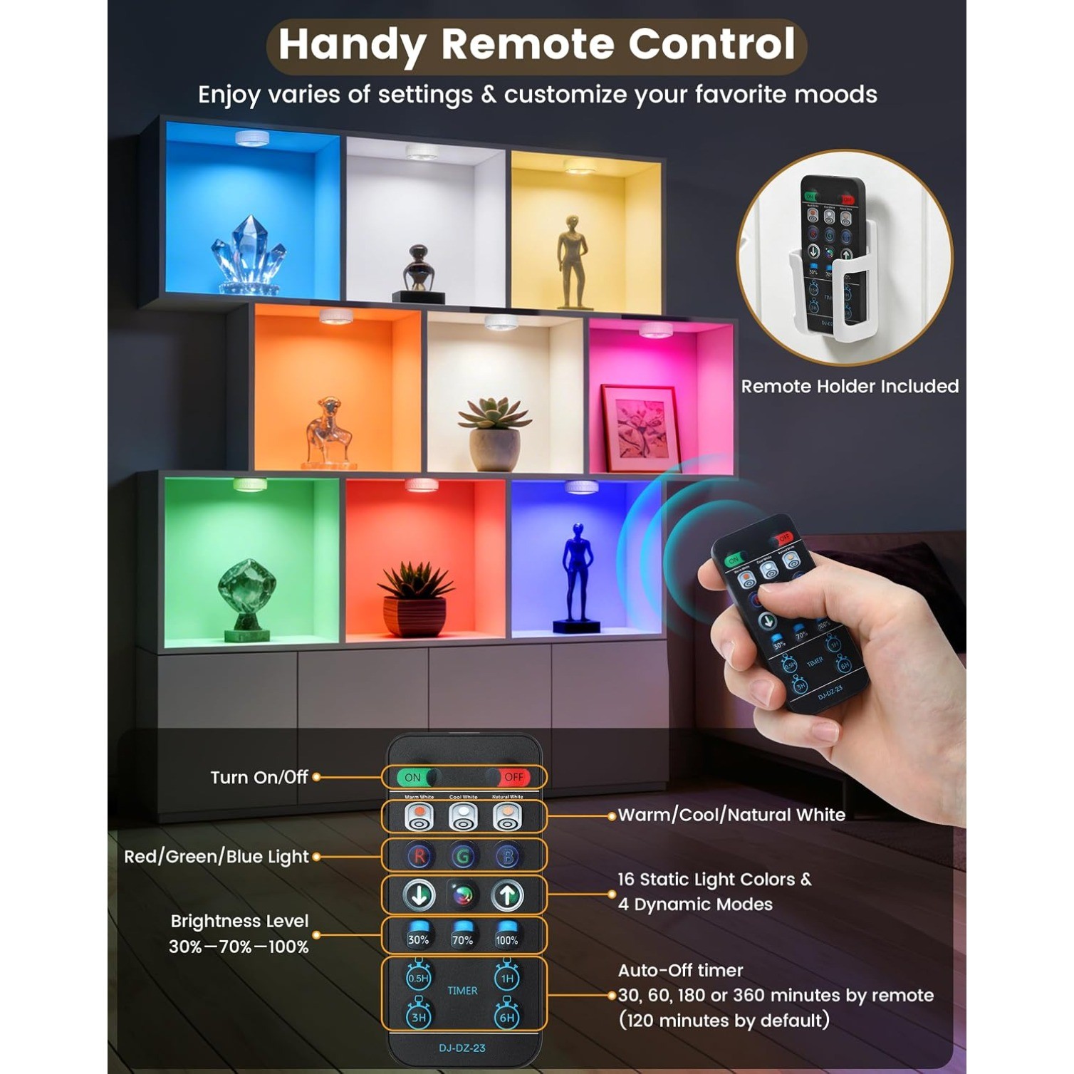 6pcs Cabinet Lights,Battery Operated LED Puck Lights with Remote Control & Timer