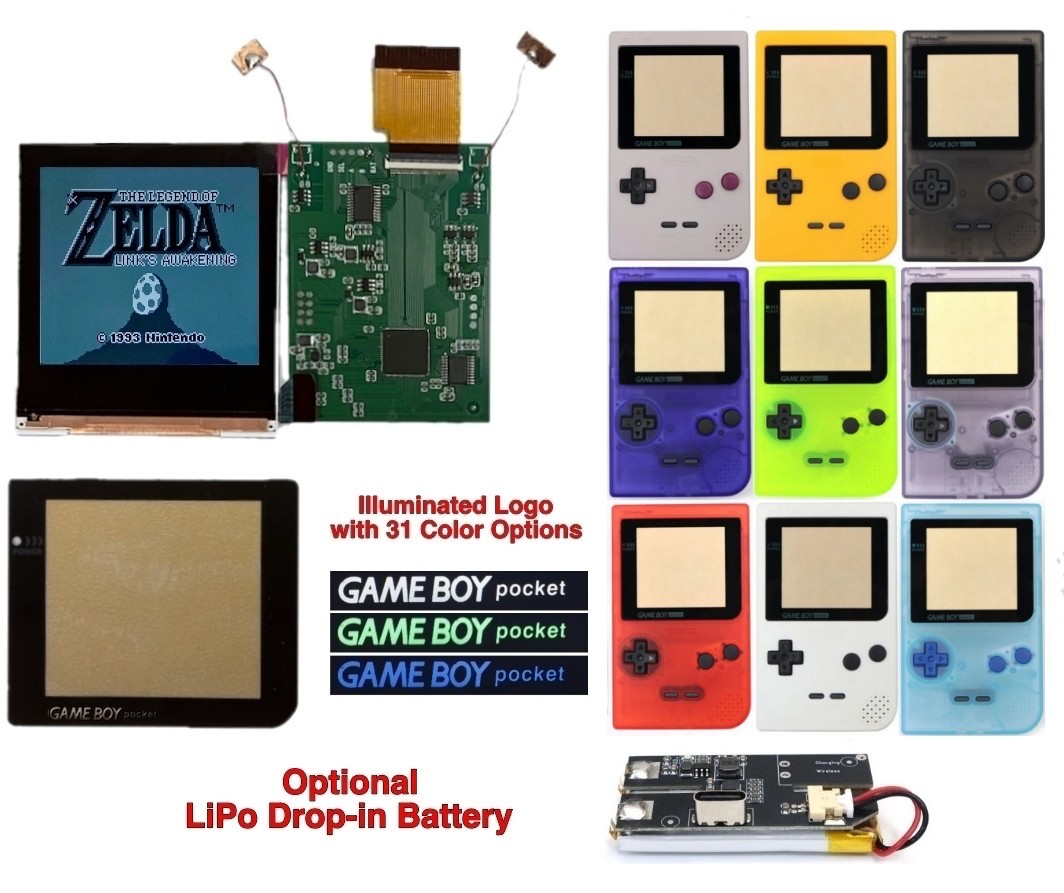 Game Boy Pocket IPS Kit w/ Illuminated Logo + Shell & USB-C LiPo Battery Gameboy