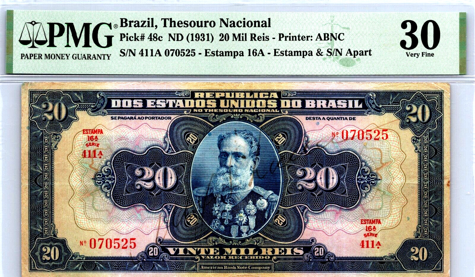 Brazil 20 Mil Reis 1931 PMG 30 VERY FINE Pick# 48c
