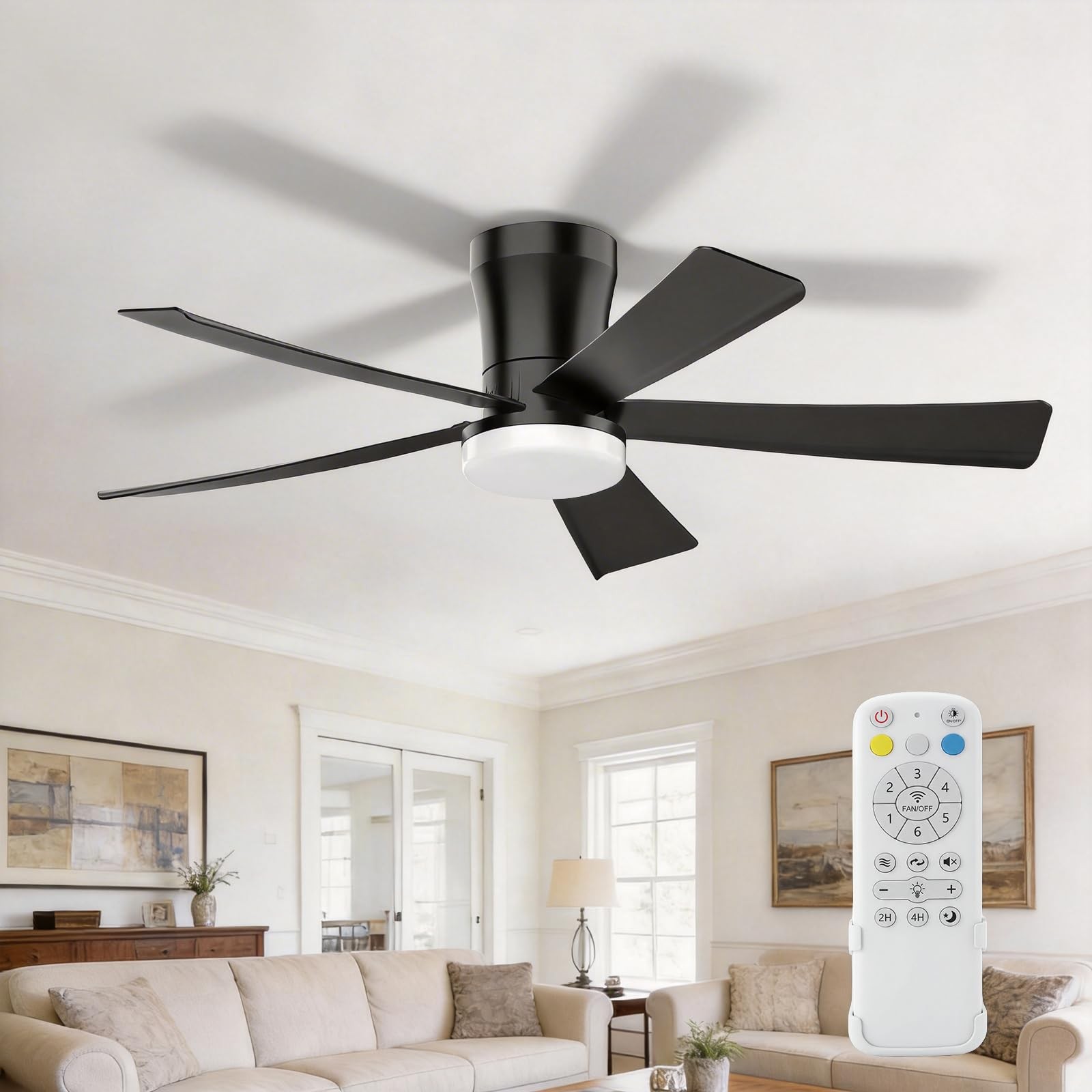 42 Inch Ceiling Fan with Light and Remote Control, Low Profile Flush Mount Ce...
