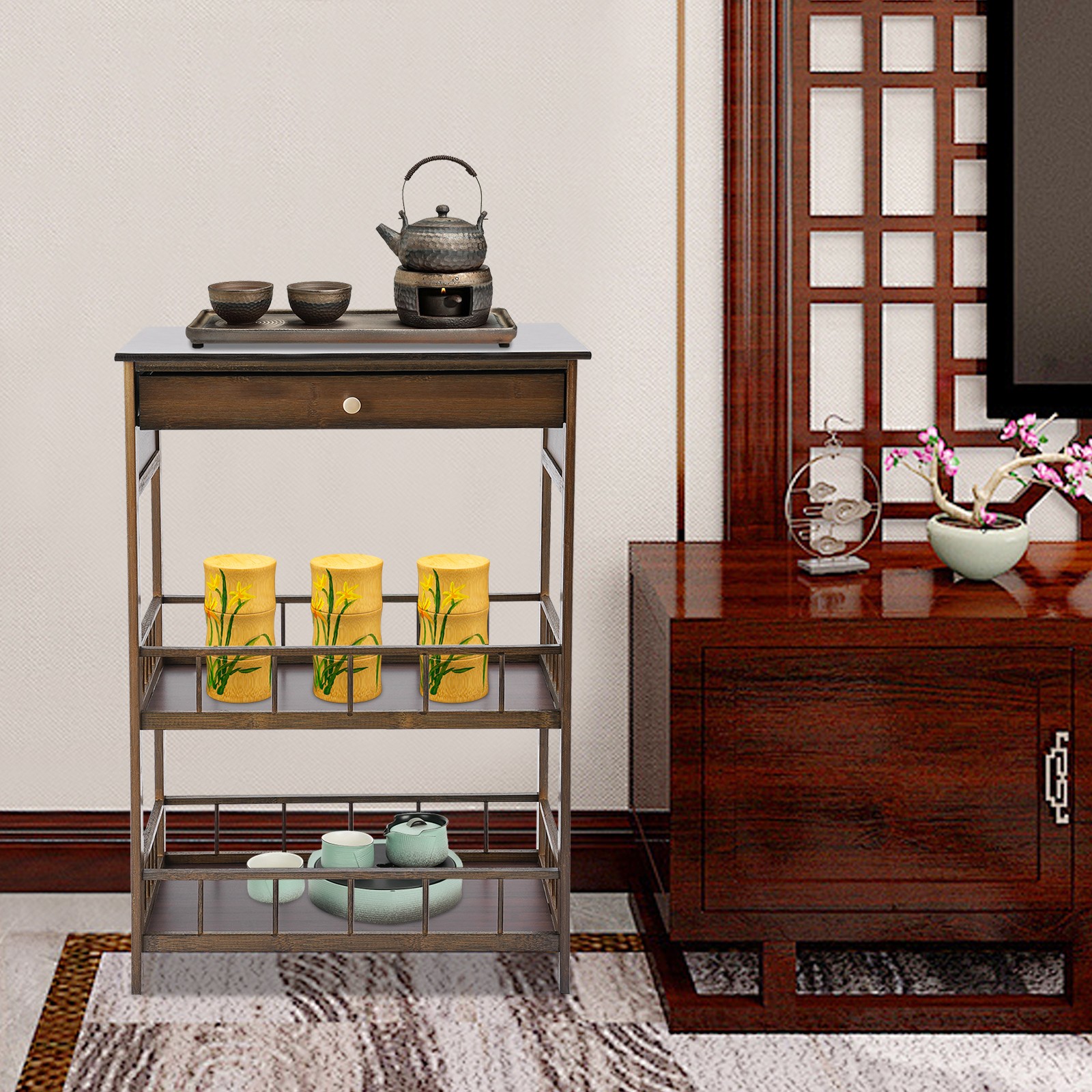3 Tiers Side Table Side Table with Storage Drawer Bamboo End Table Tea Table