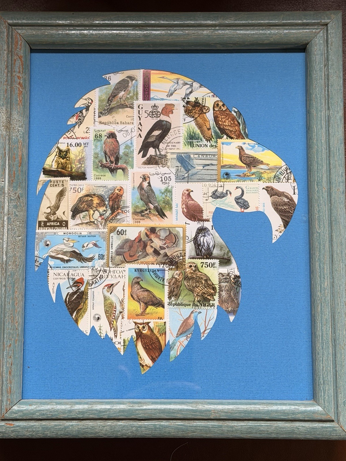 Birds Raptors Postage Stamp Framed Collage 11.5” X 9.5”