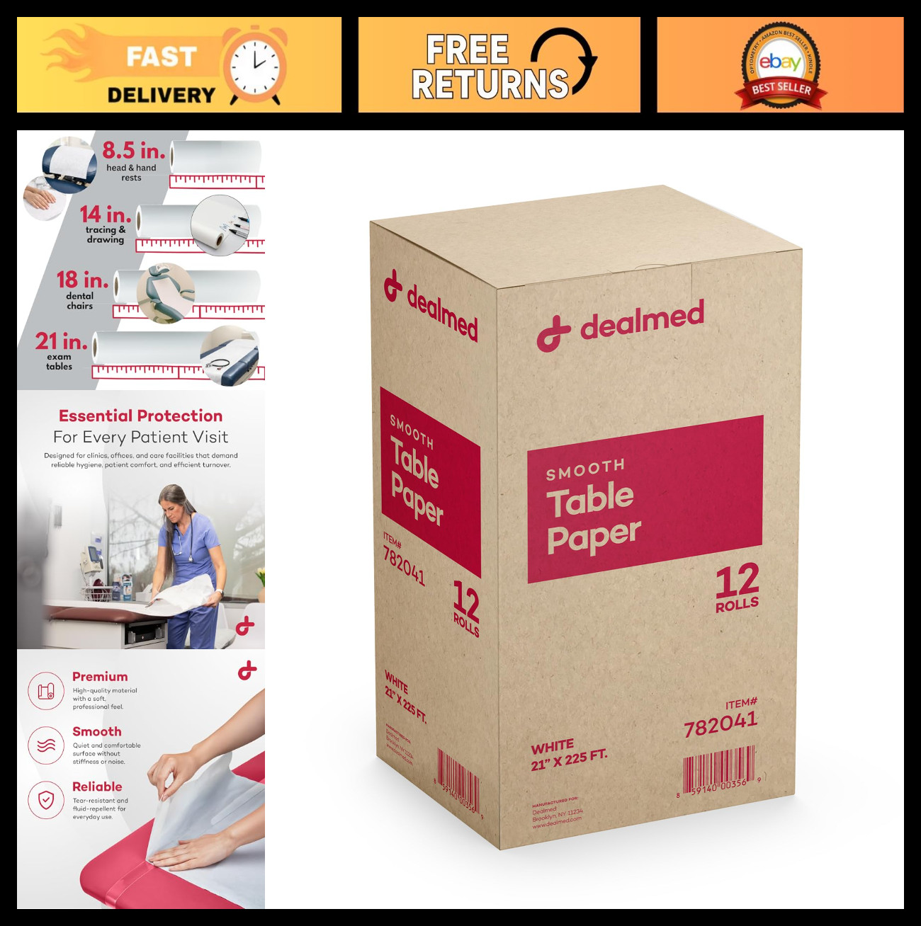 Smooth White Exam Table Paper - 12 Rolls, 21” x 225' - Medical Cover for Clinics