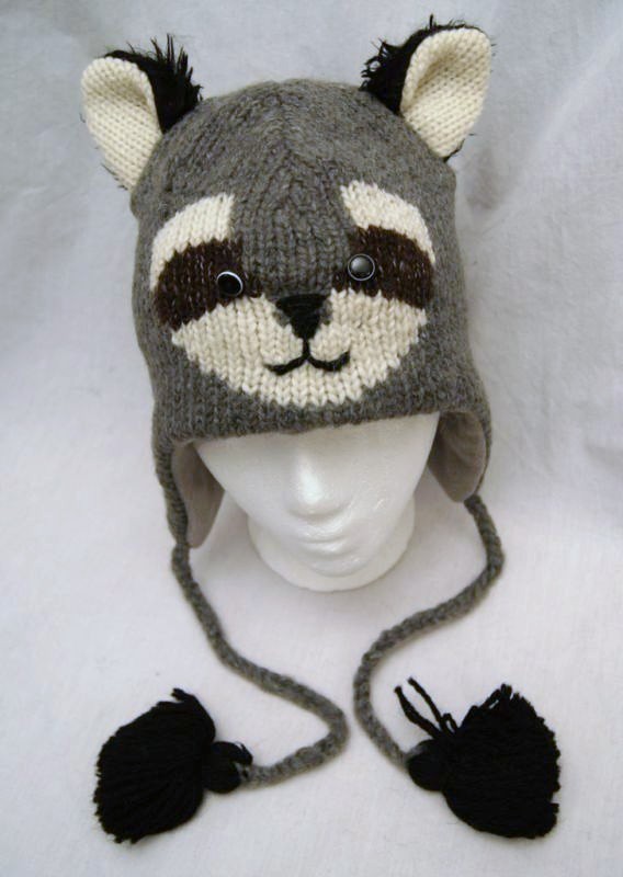 delux brand RACCOON HAT knit ADULT animal costume tail mask FLC LINED gray grey