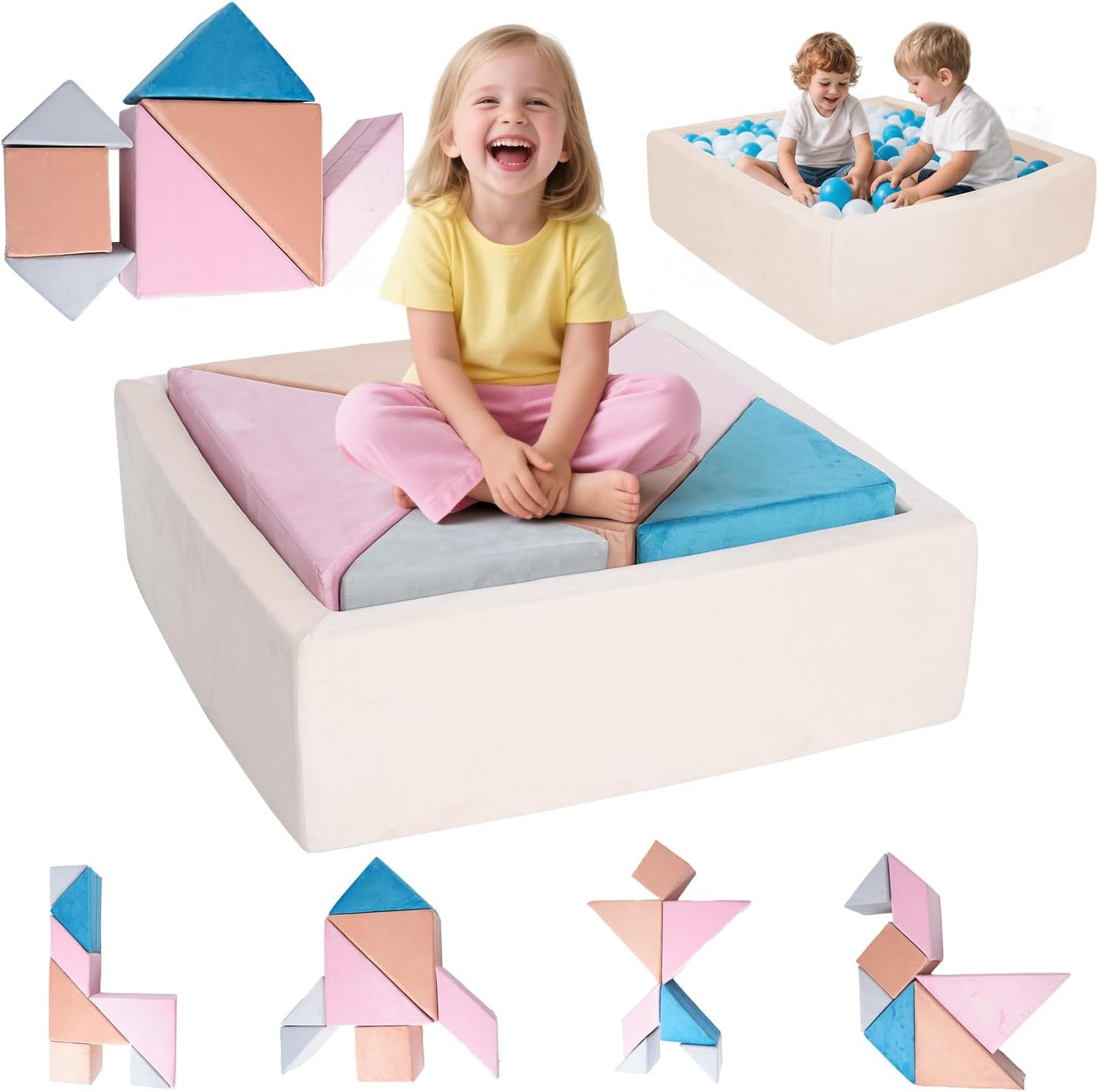 Colorful Modular Kids Play Couch with Tangram Puzzles & Ball Pit (Pink)