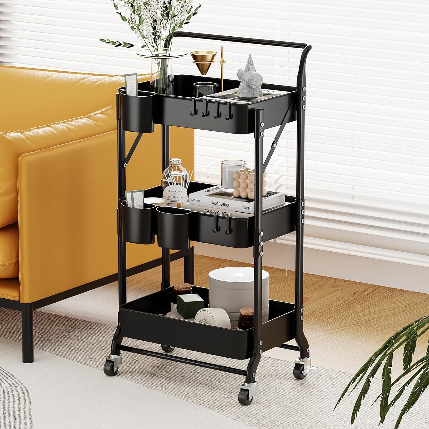 3 Tier Foldable Rolling Cart W/ Wheels Folding Utility Cart Organizer
