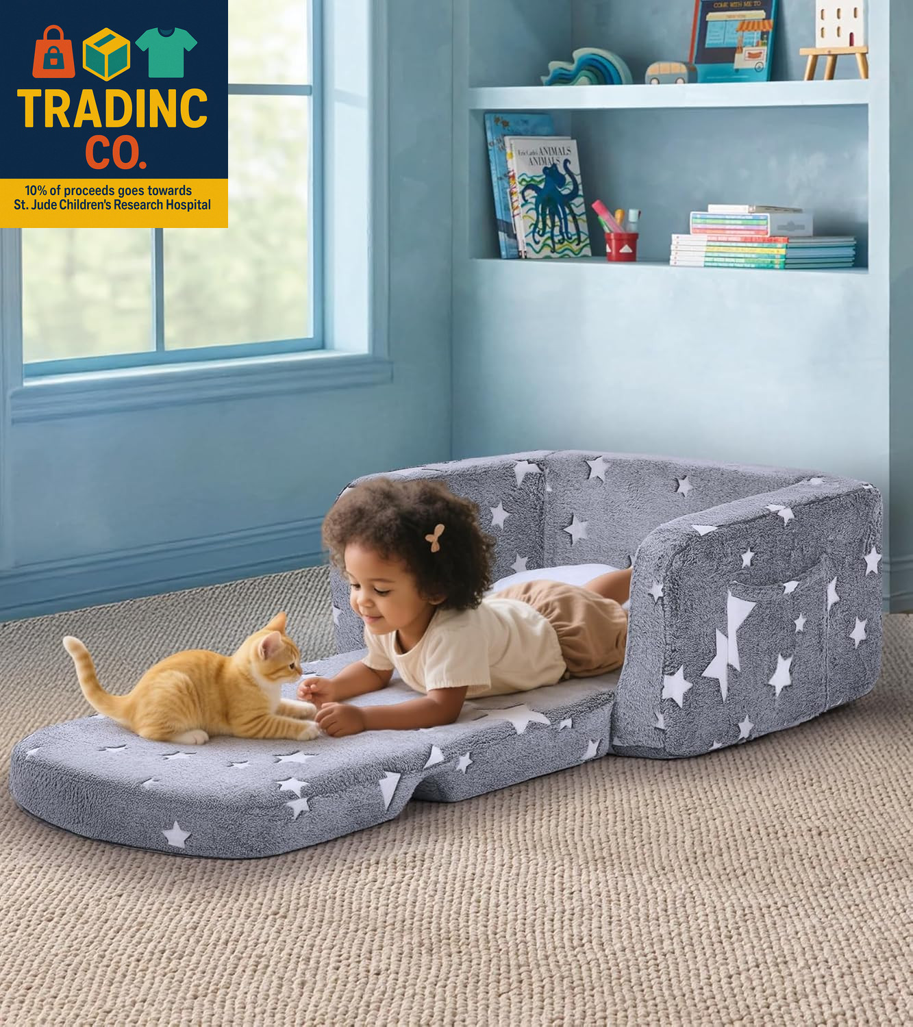 Kids Couch, 2-In-1 Soft Toddler Couch Fold Out with with Blanket and Cloud Pillo