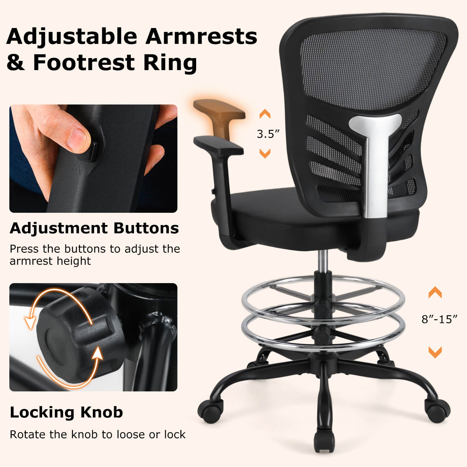 Costway Mesh Chair Office Chair Mid-Back Tall Drafting Chair w/ Armrests Black