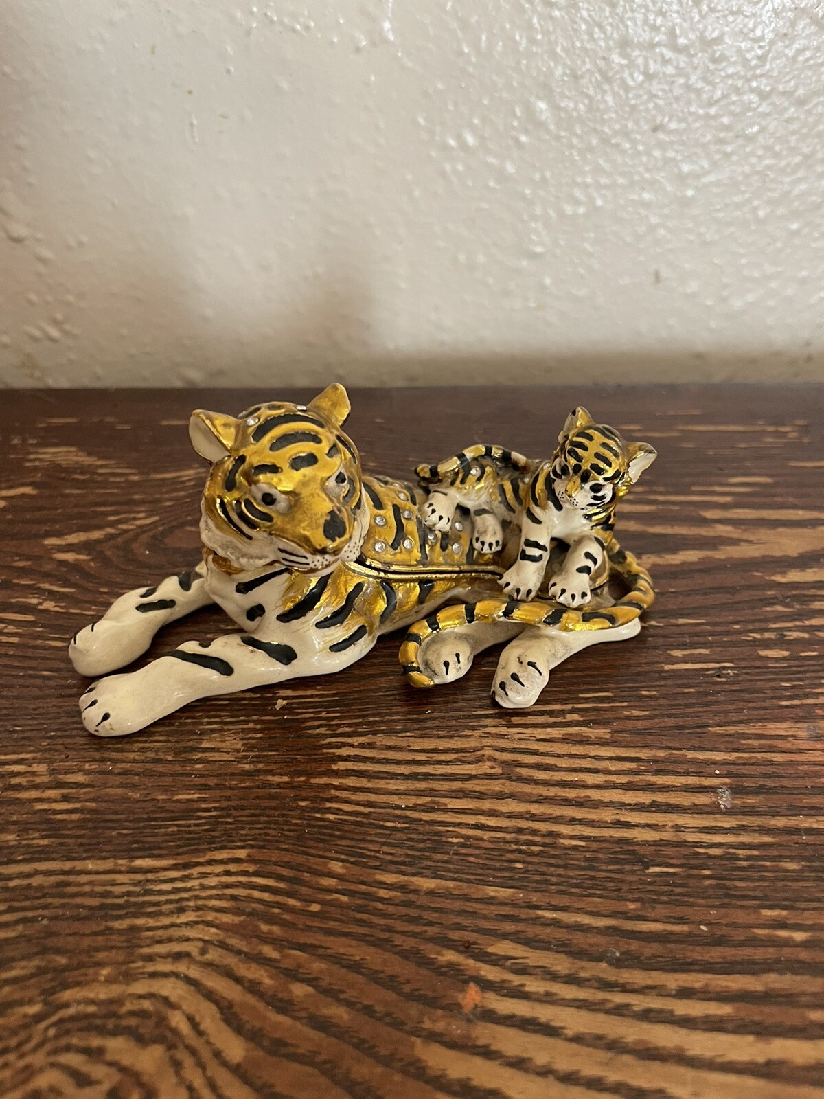 CRISTIANI COLLEZIONI  Tiger and Cub Trinket Box Pewter Enameled Jeweled
