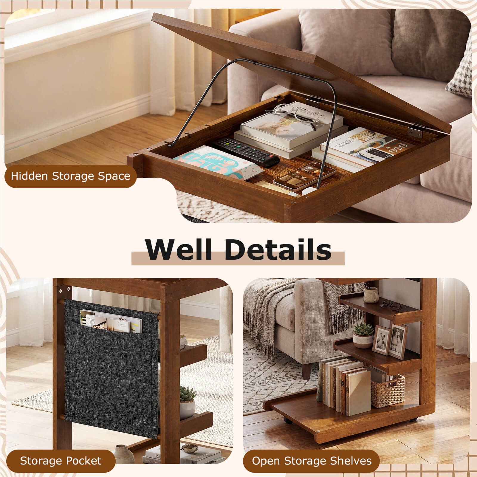 2PCS C-shaped End Table w/Wheels Adjustable Desktop Edge Stopper Storage Pocket