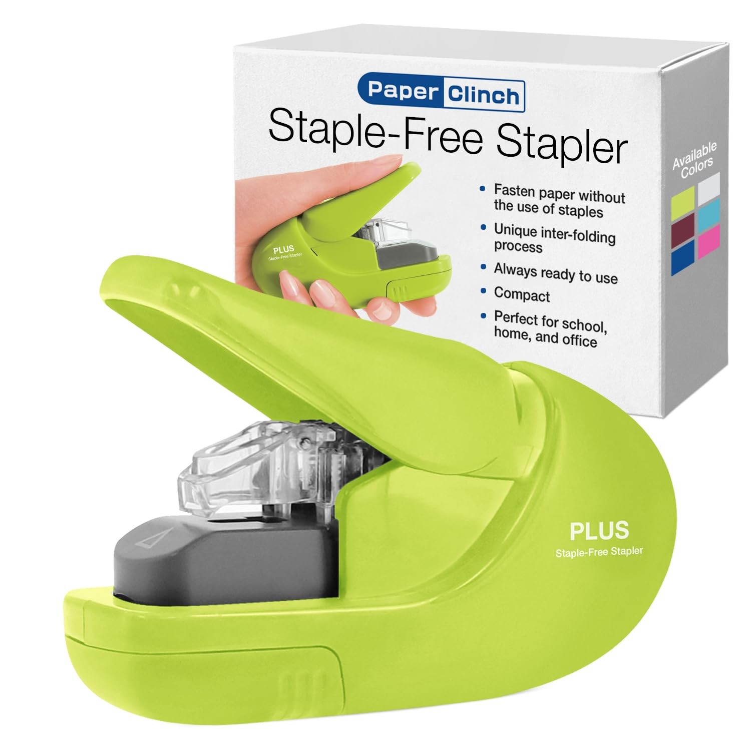 Plus Paper Clinch Compact Staple-Free Stapler, Green