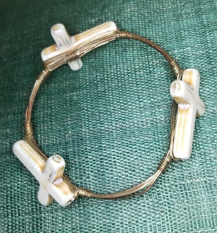 Copper Wired Wrapped Bangle Adorned With 3 Natural Stone Crosses