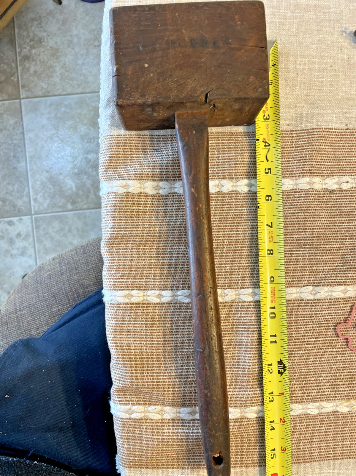 Antique Primitive Signed Large 16” Wooden Square Hammer Maul Tool