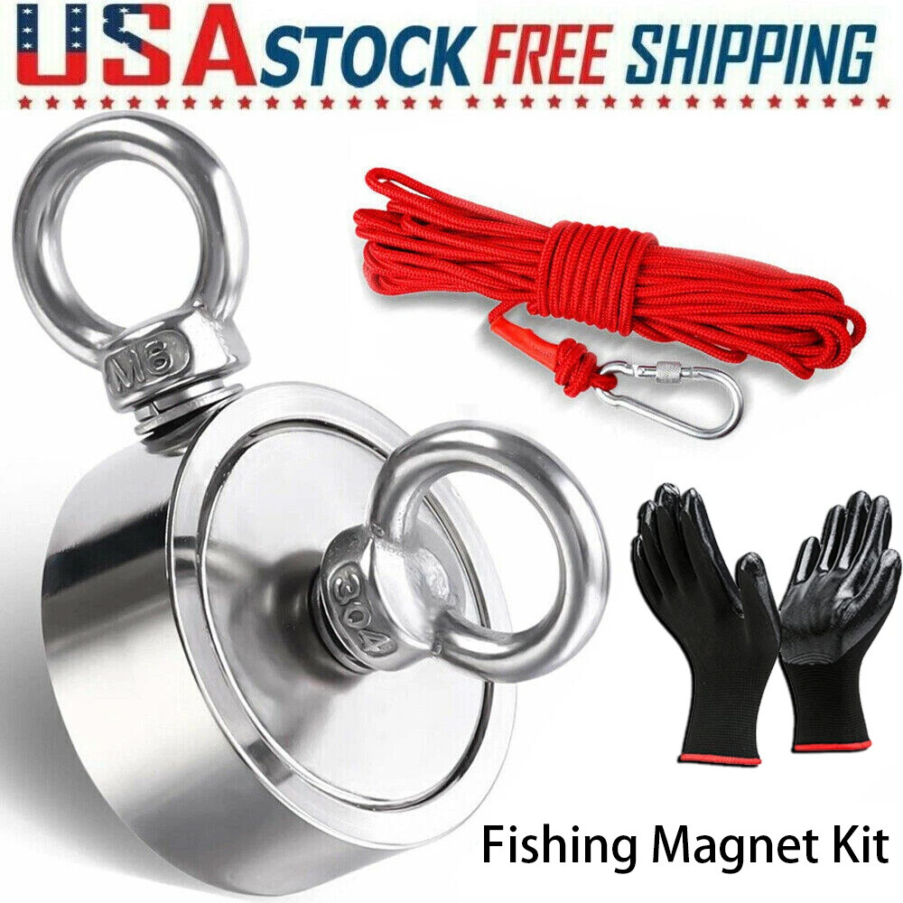 2000 LBS Strong Fishing Magnet Kit Double-Sided Pull Force and Rope Carabiner US