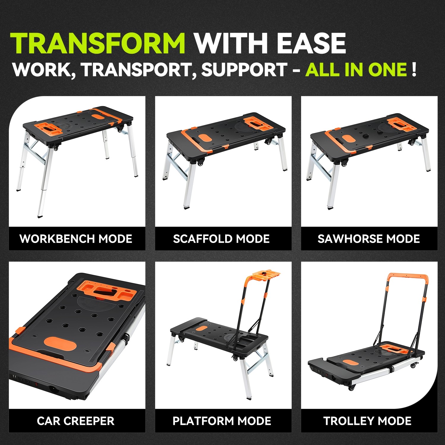 Orange 7-In-1 Multifunctioanl Adjustable Foldable 220LB Work Bench w/ 4 Wheels