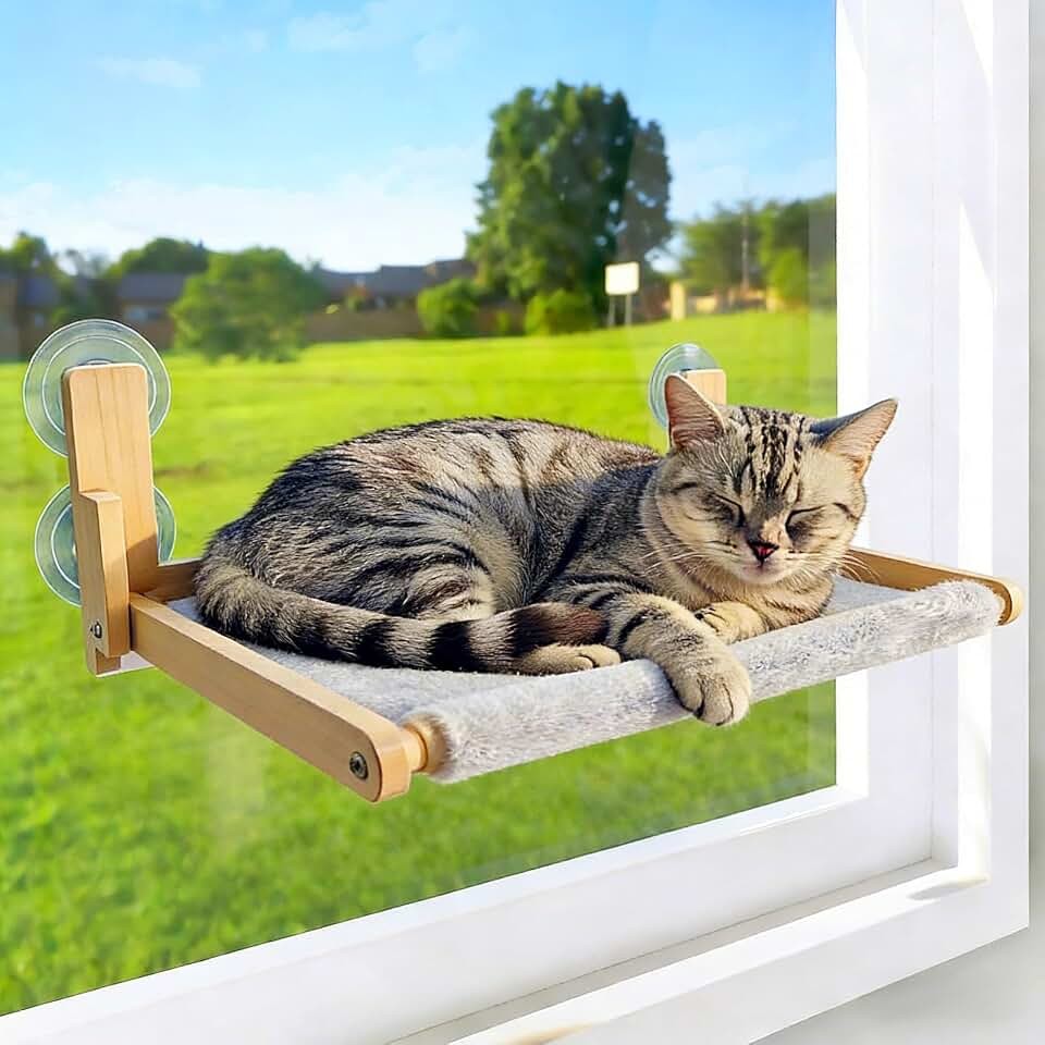 Foldable Cat Window Perch, Natural Wood, 16.5''×12''