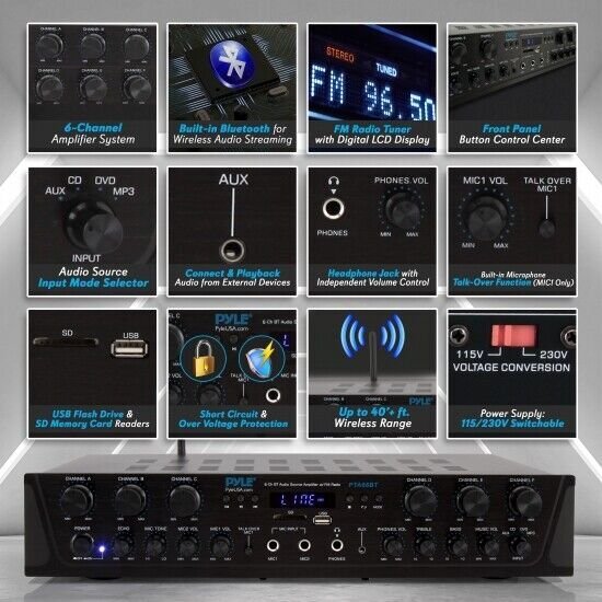 Pyle PTA66BT Bluetooth Home Audio 600 Watt 6 Channel Amplifier Stereo Receiver