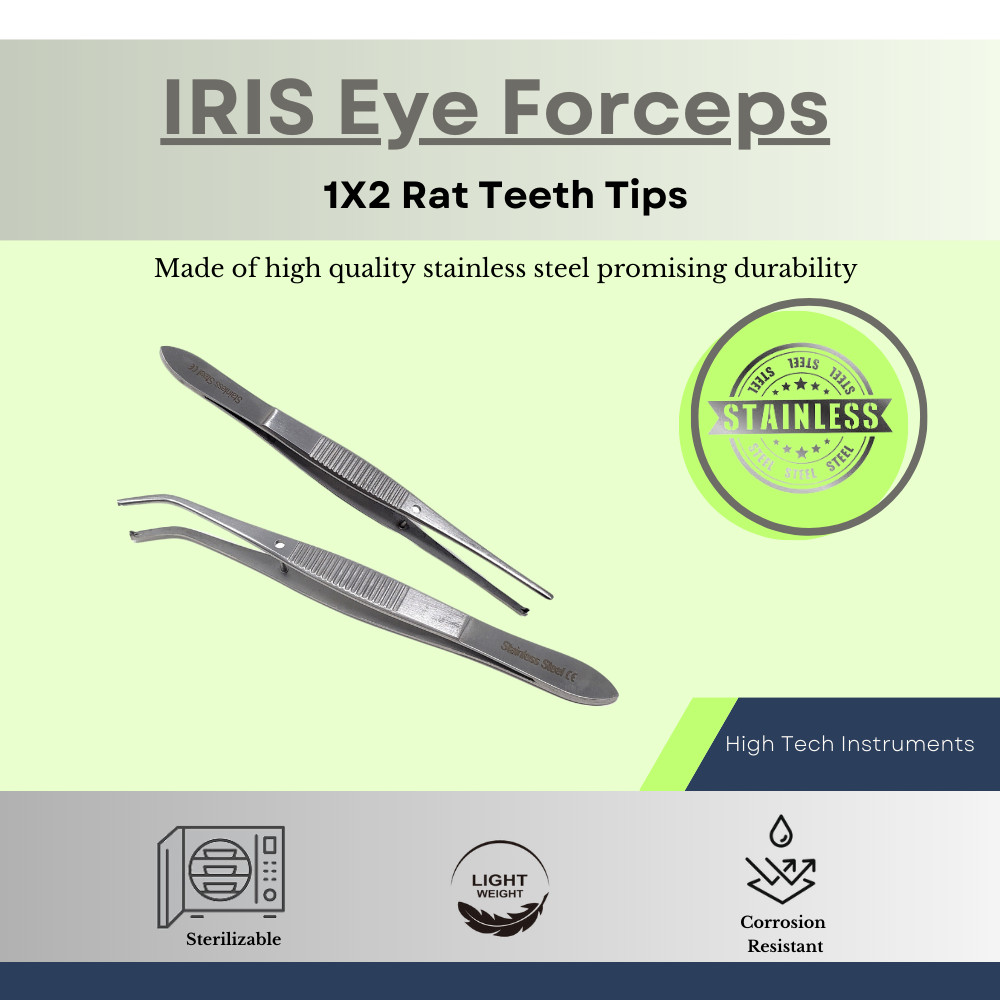 2 Pcs IRIS Eye Forceps STR + CRV 1x2 Rat Teeth 4" Surgical Laboratory Tweezers