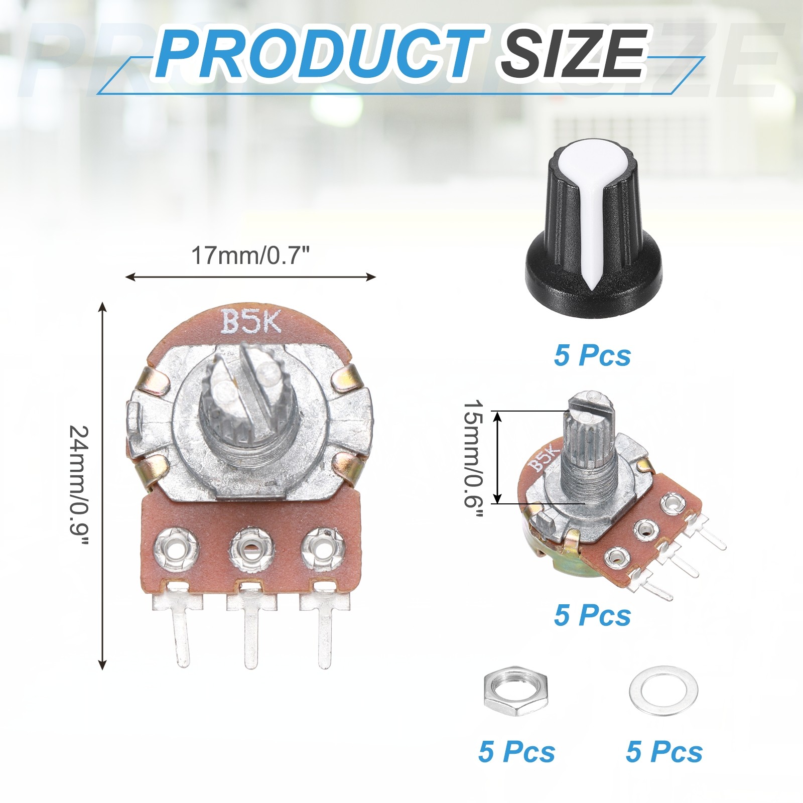 5Pcs WH-148 Potentiometer 3Pins B5K±20% Ohm Variable Resistor with 5 Knobs