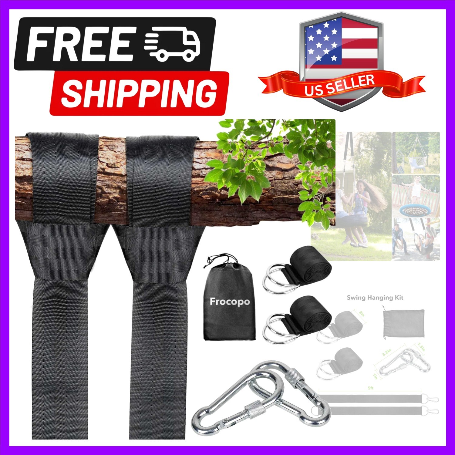 Extra Long Tree Swing Kit, 5FT  Nylon Straps Hold 2200LBS, Safety Lock Carabi...